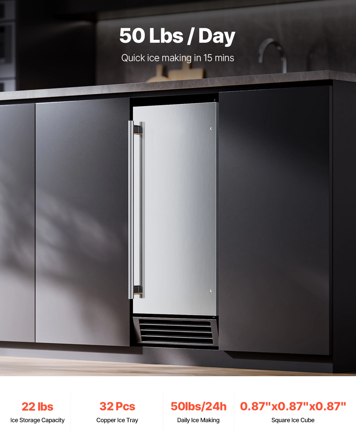HONGGE Undercounter Built-in Ice Maker, Under Counter Ice Maker Machine with Reversible Door Stainless Steel