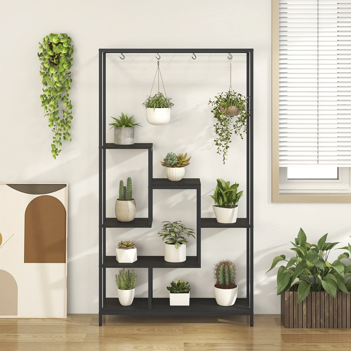 SUGIFT 6-Tier 71-in Tall Indoor Ladder Metal Plant Stand Shelf with 10 Hanging Hooks and Anti-Tip Kit