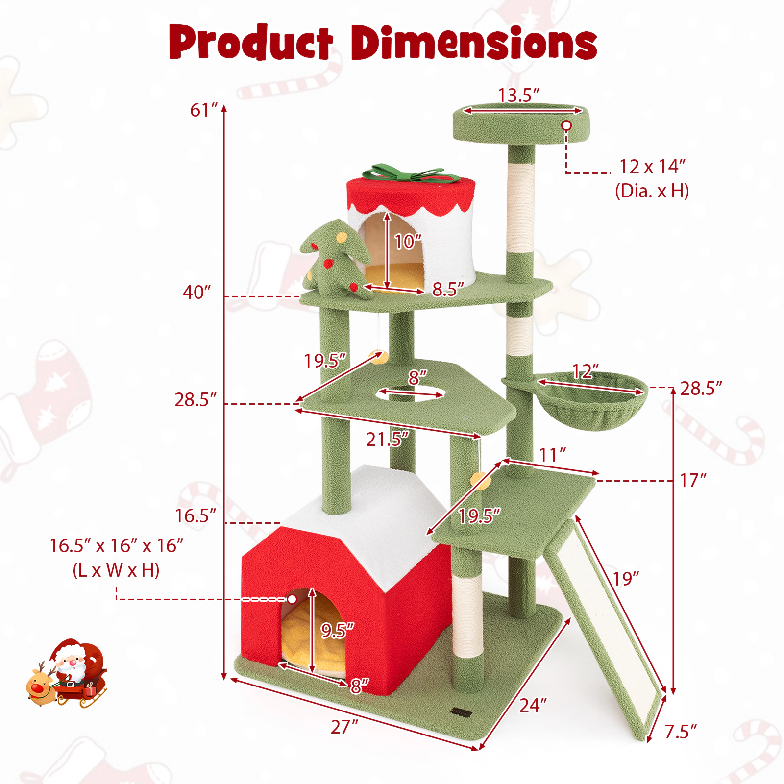 SUGIFT 61-in Christmas Cat Tree with Sisal Scratching Posts, 2 Condos and Basket Bed Green, Red, Yellow, White