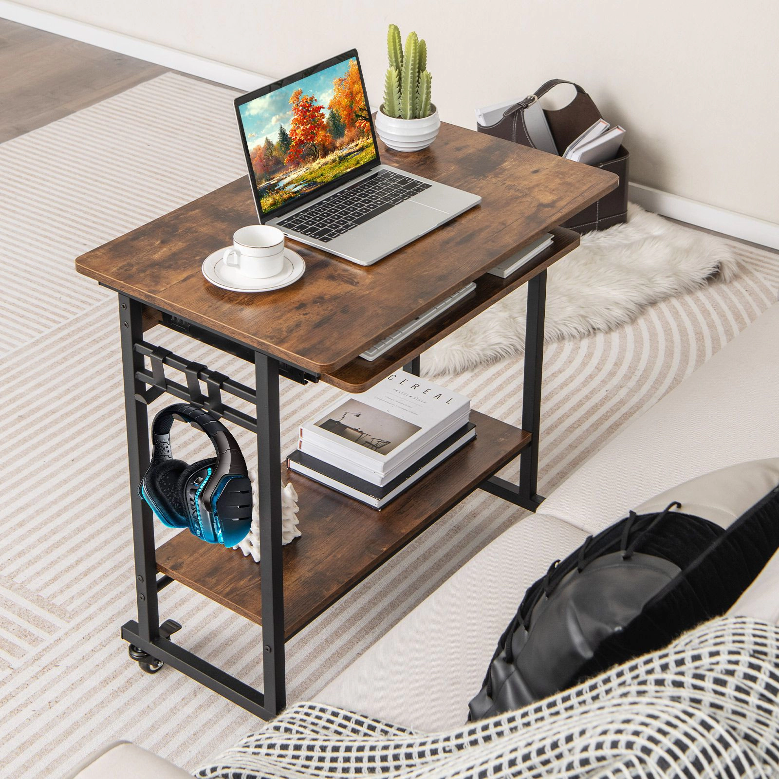 SlickBlue Mobile Computer Desk with Casters, Hooks and Keyboard Tray