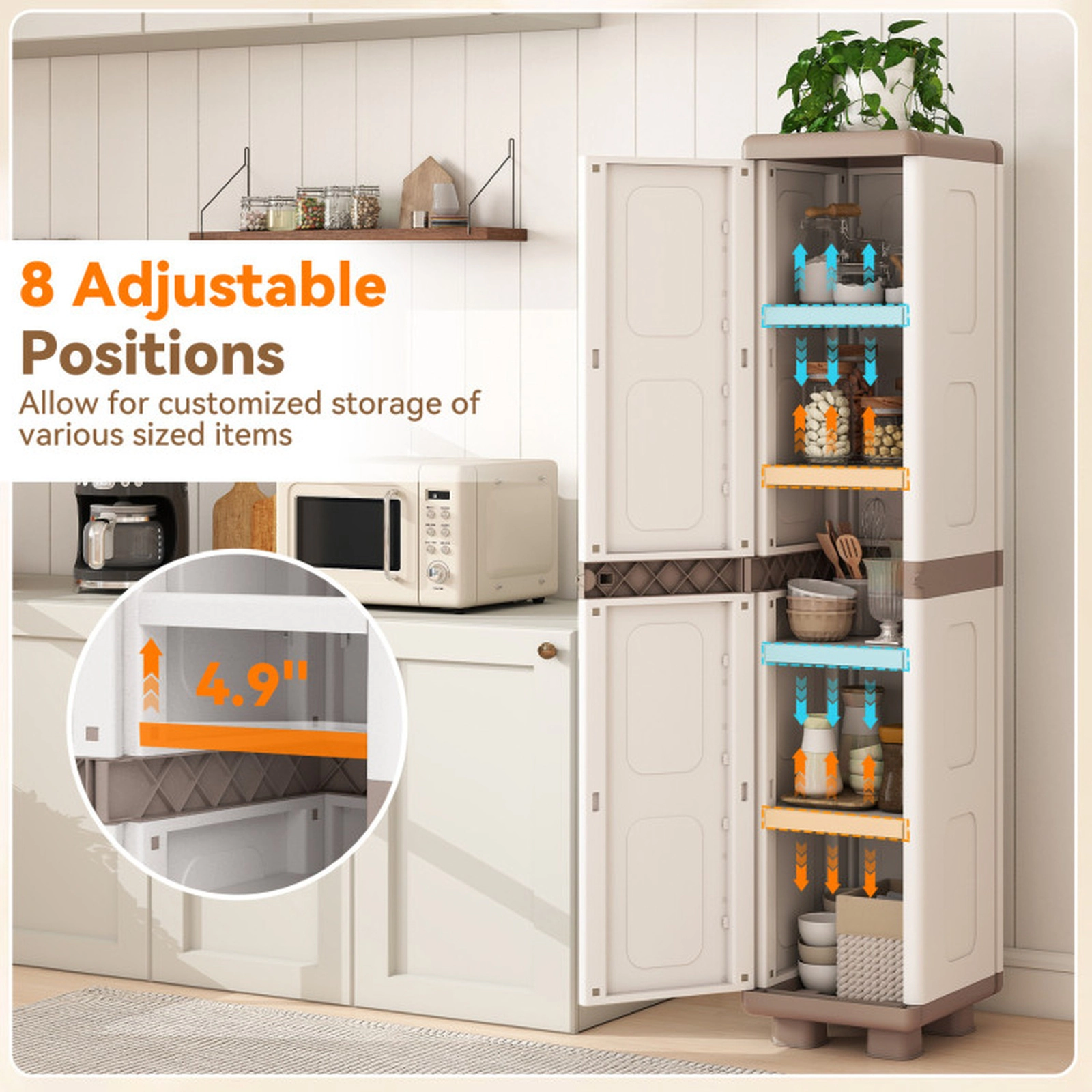 SUGIFT 70-in Tall 14-in Wide 55-lb Shelf Beige PP Plastic Pantry Cabinet with 5 Tiers and Single Door