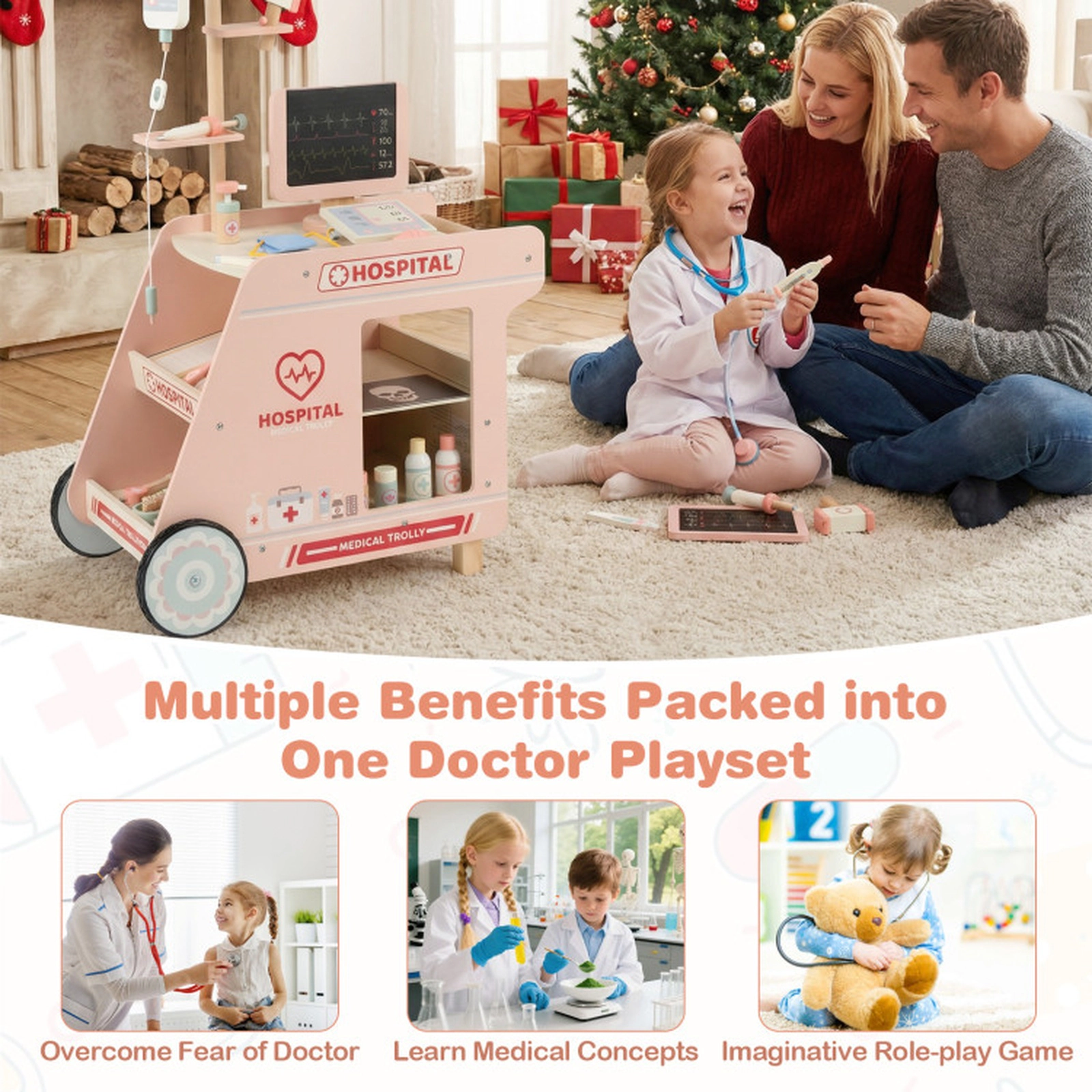 SUGIFT Pink Rolling Medical Cart and X-Ray Screen Kids Wooden Doctor Playset