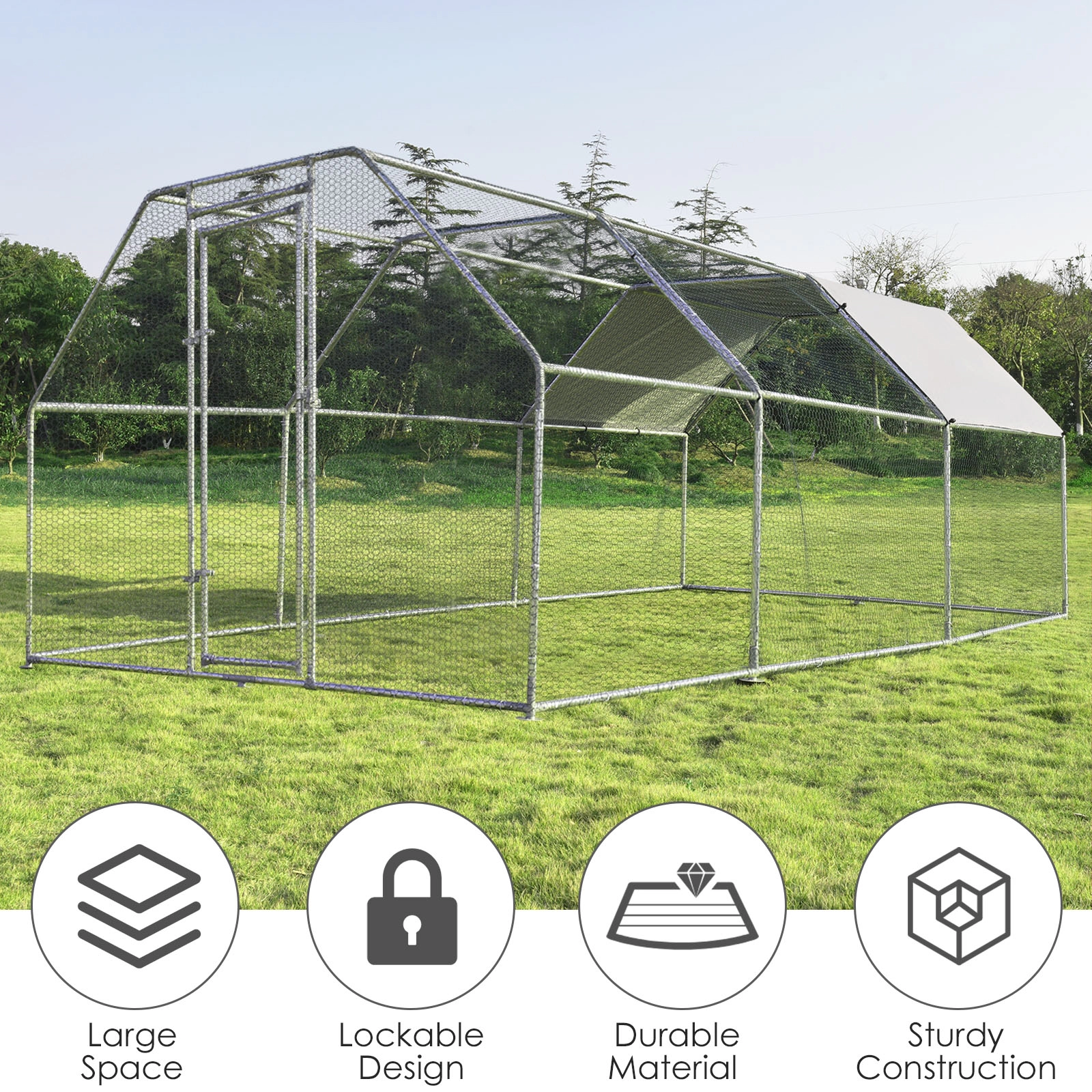 SUGIFT Silver Large Walk-In Chicken Coop Pet House with Galvanized Steel Frame 9.5-ft W 19-ft D 6-ft H