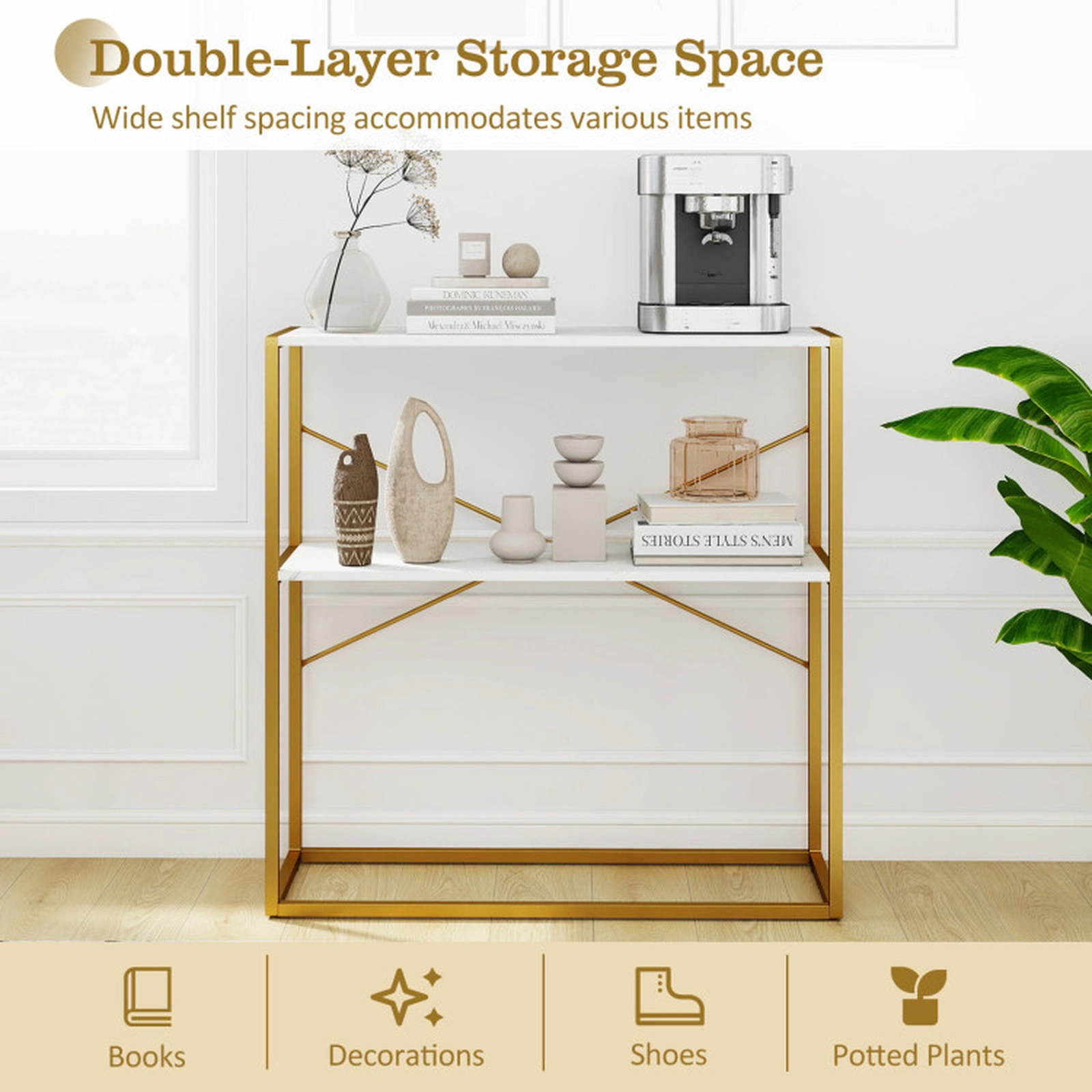 SUGIFT 2-Tier Open Shelves Gold Metal X Frame Entryway Console Table 36-in x 13-in x 36-in 66-lb per Shelf White