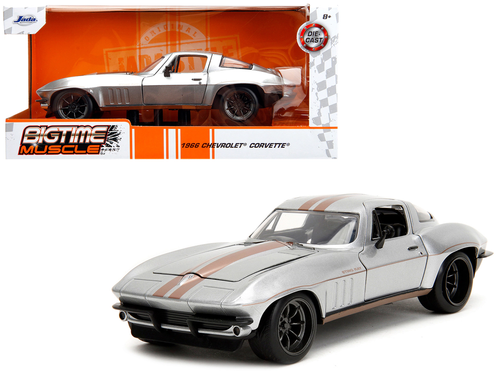 Jada 1966 Chevrolet Corvette Silver Metallic with Bronze Stripes "Bigtime Muscle" Series 1/24 Diecast Model Car by Jada