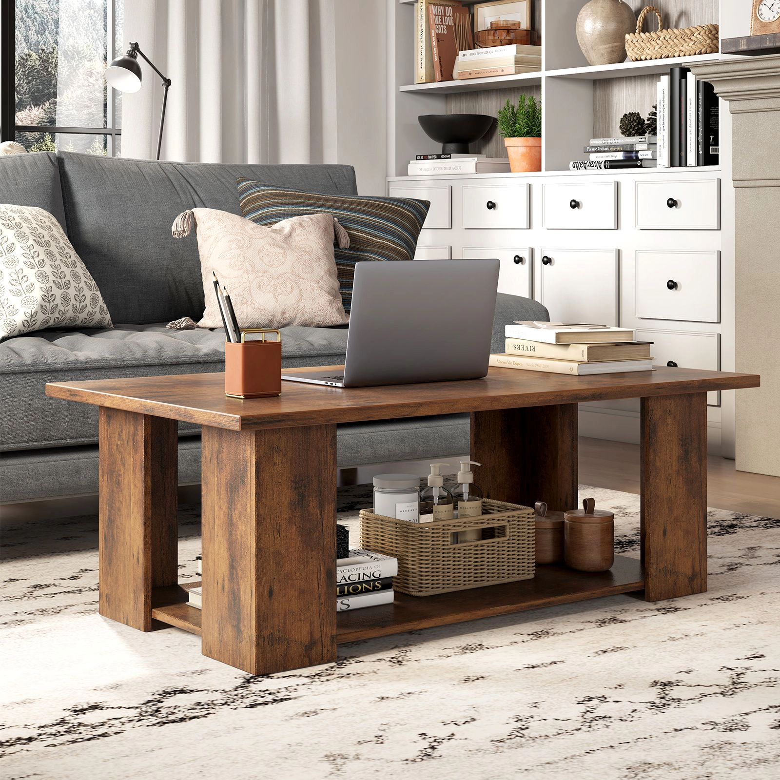 SlickBlue Modern Coffee Table with 2-Tier Storage Shelf for Living Room