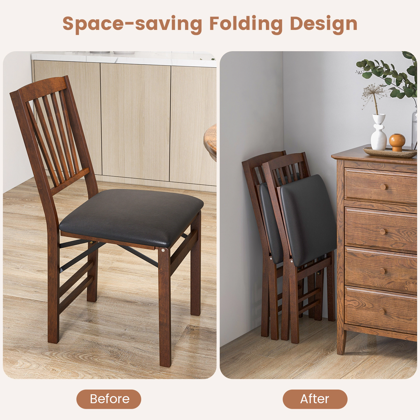 LJG Set of 2 Folding Chairs with Padded Seat and Rubber Wood Frame