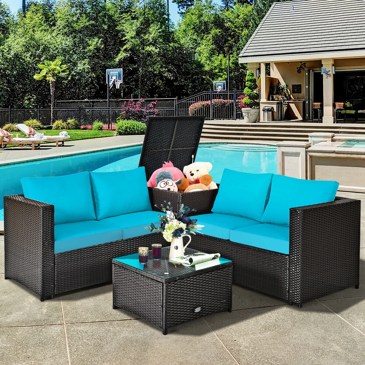 SUGIFT 4-Piece Turquoise Rattan Patio Set with Cushioned Loveseat, Glass Coffee Table and Storage Table