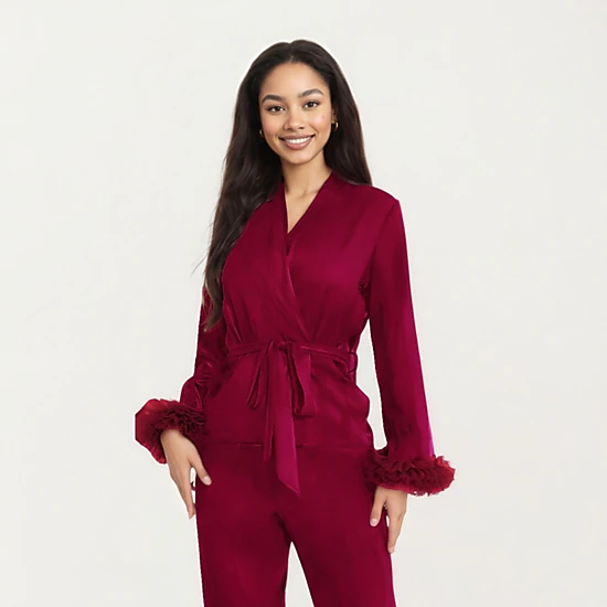 Anna-Kaci Women's 2-Piece Satin Wrap Long Sleeve Feather Trim Top and Straight Leg Pants
