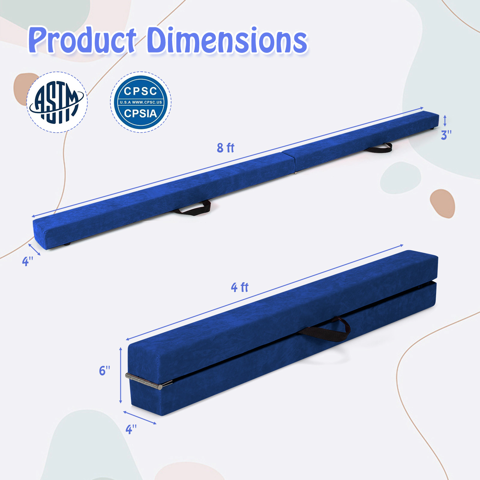 SUGIFT Blue 8-ft 160-lb Capacity Folding Gymnastics Balance Beam with Solid Wood Base and Two Carry Handles