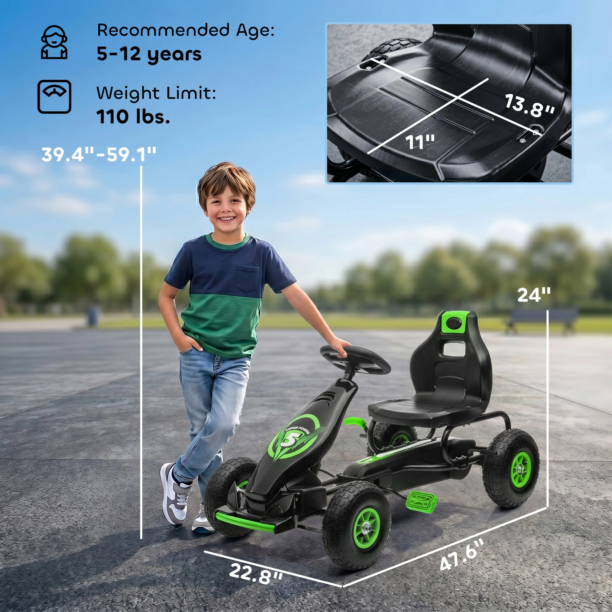 HONGGE Pedal Go Kart for Kids with Ergonomic Adjustable Seat, Rubber Tread Wheels & Handbrake, Ages 5-12, Green