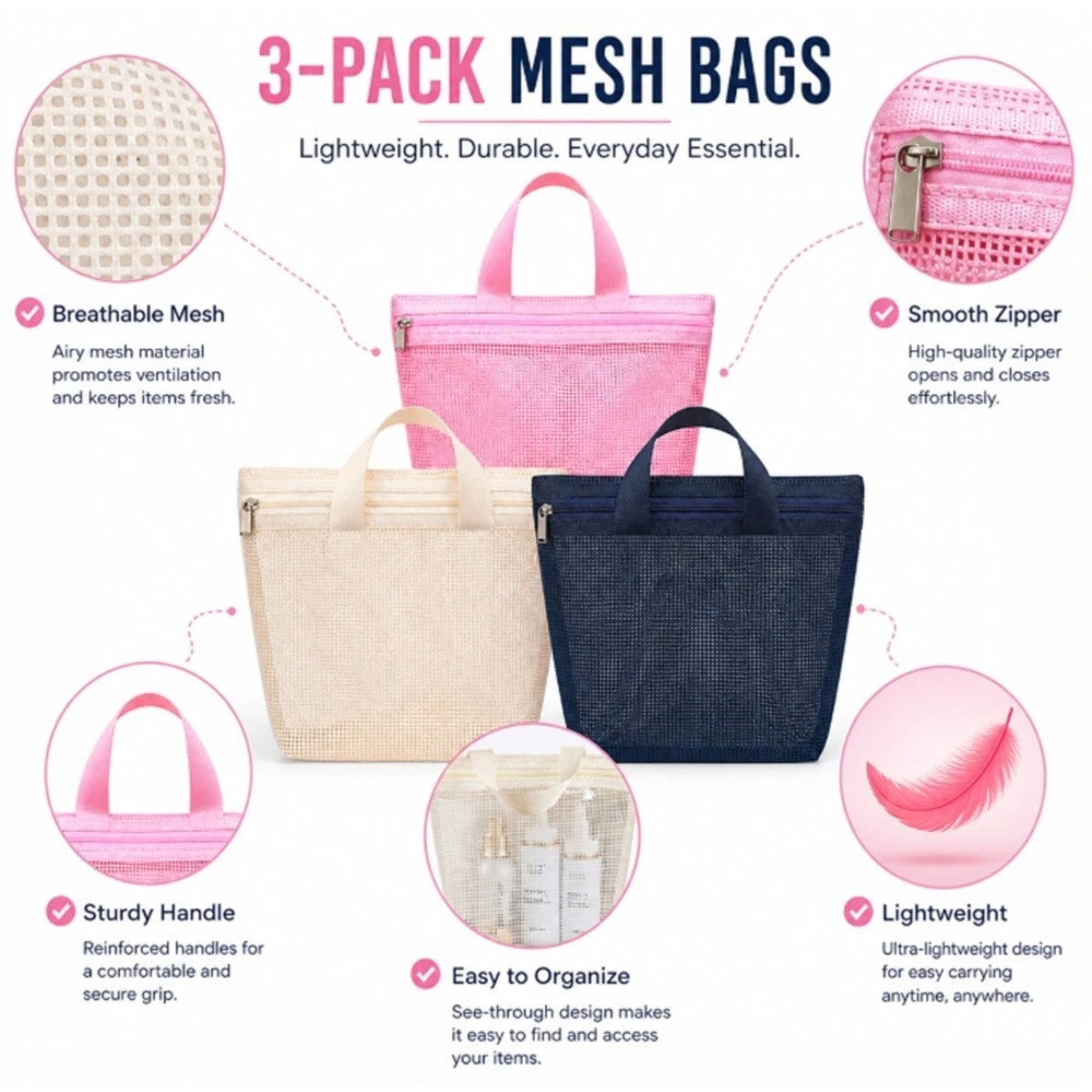 Home Collection Pack of 3 Mesh Shower Caddy Bag Hanging Toiletry Organizer