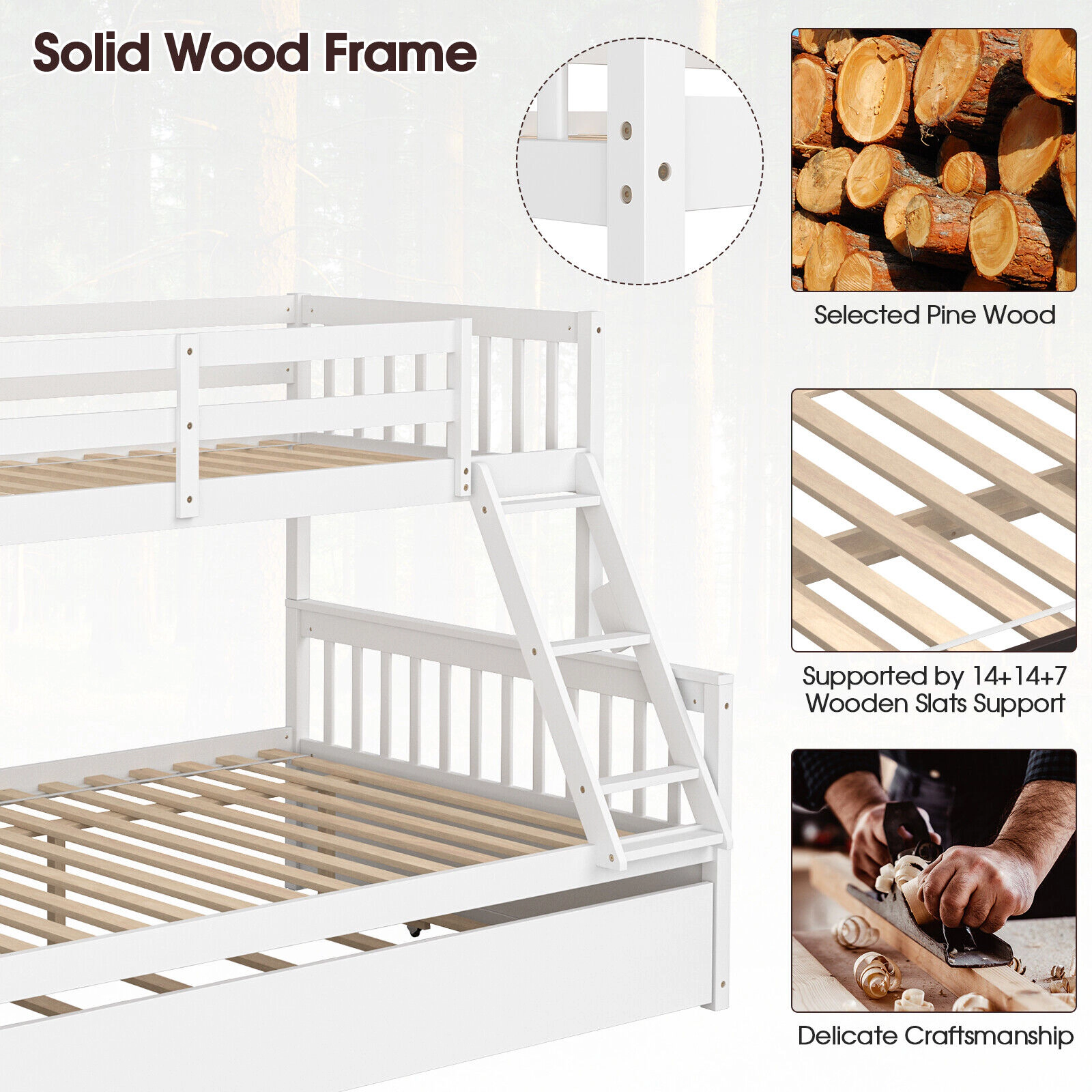 SUGIFT White Twin Over Full Solid Pine Convertible Bunk Bed with Twin Trundle Guardrails and 3-Step Ladder