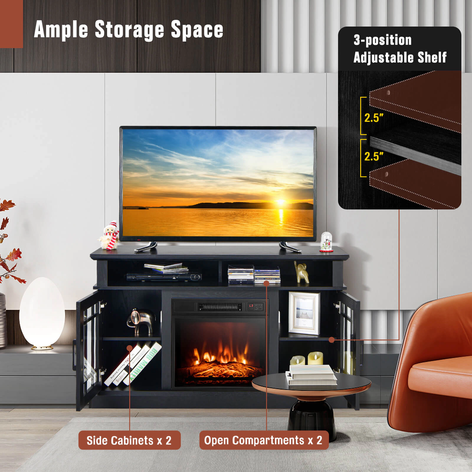 SUGIFT 48-in Electric Fireplace TV Stand Cabinets 4777 BTU 400-sq-ft Heating 70-lb Countertop Capacity for TVs Up to 55