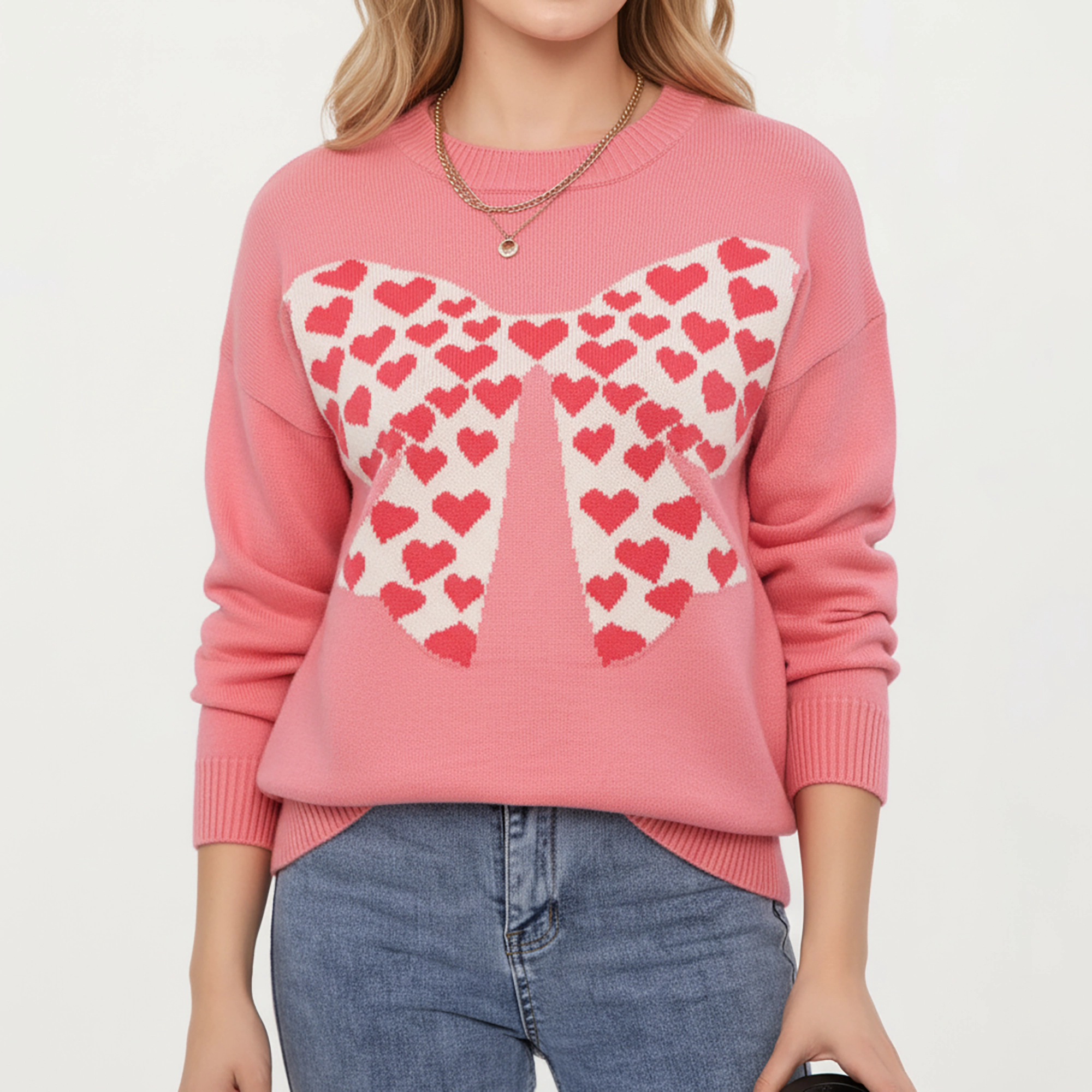 Anna-Kaci Women's Heart Bow Knit Sweater with Playful Graphic Design, Soft Crew Neck Fit and Cozy Long Sleeve Detailing