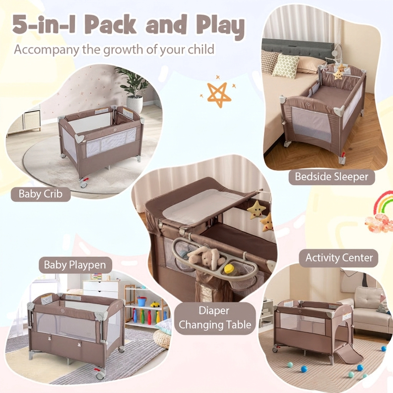 SUGIFT 5-in-1 Pack and Play Baby Bedside Sleeper with Diaper Changing Table Music Box and Storage Shelf