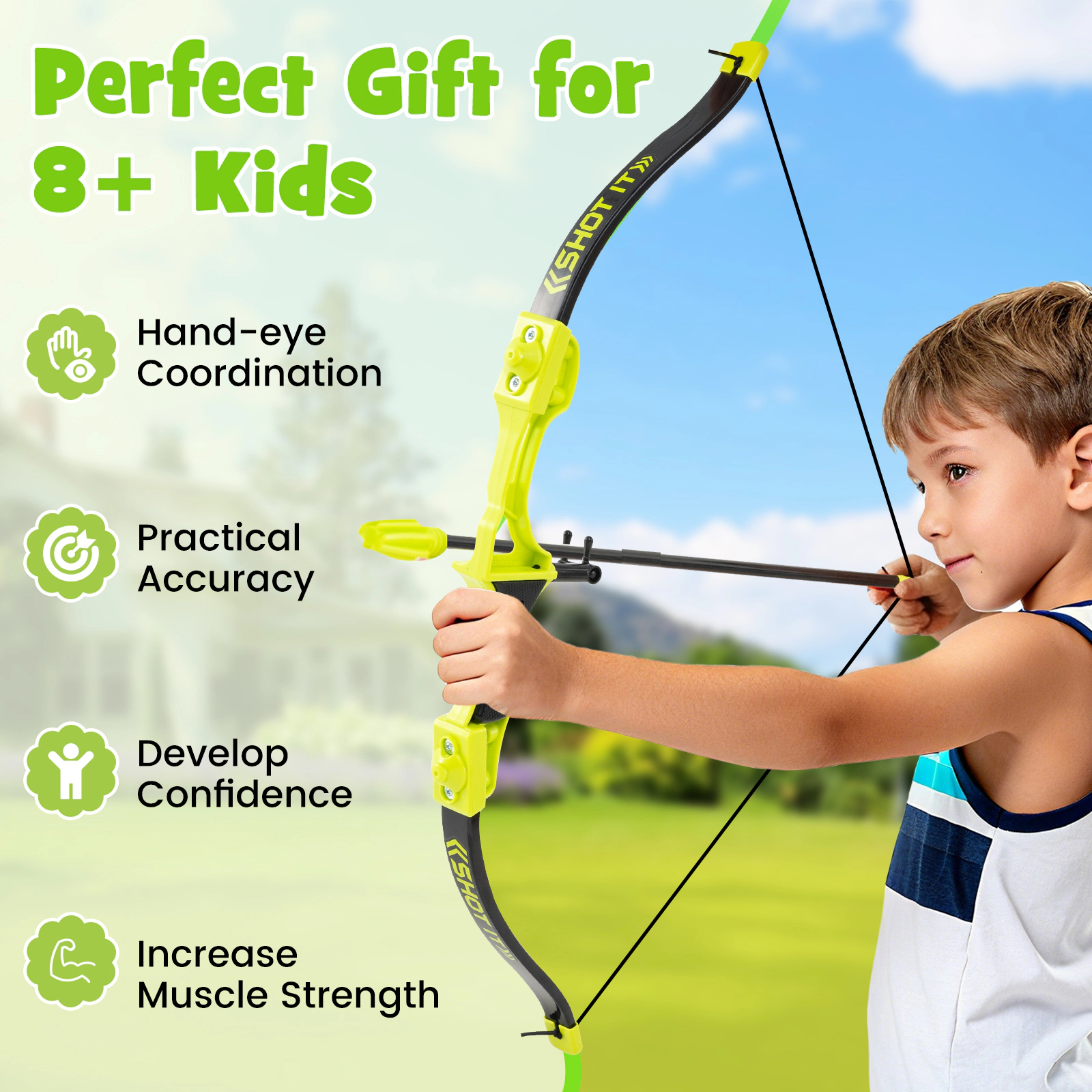 SUGIFT Green 4-in-1 Kids Throwing Game Set with Bristle Target Bow and Ninja Darts 27.5-in W 19.5-in D 55-in H