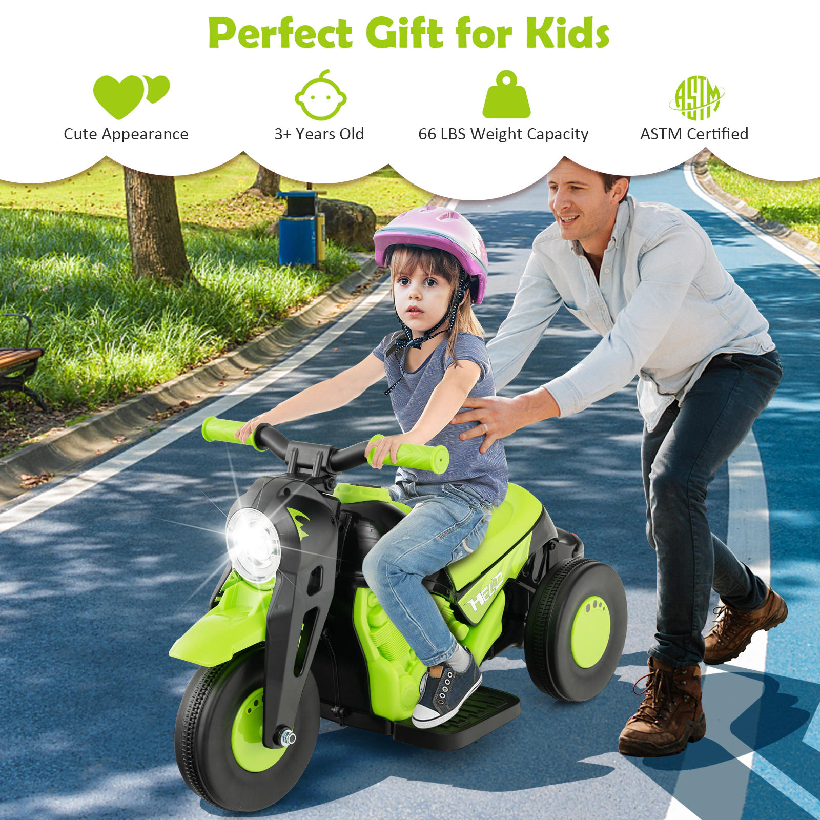 6V Kids Ride on Motorcycle Bubble Maker LED Headlight Music Reverse Switch 3-Wheel Electric Motorbike 66-lb Capacity