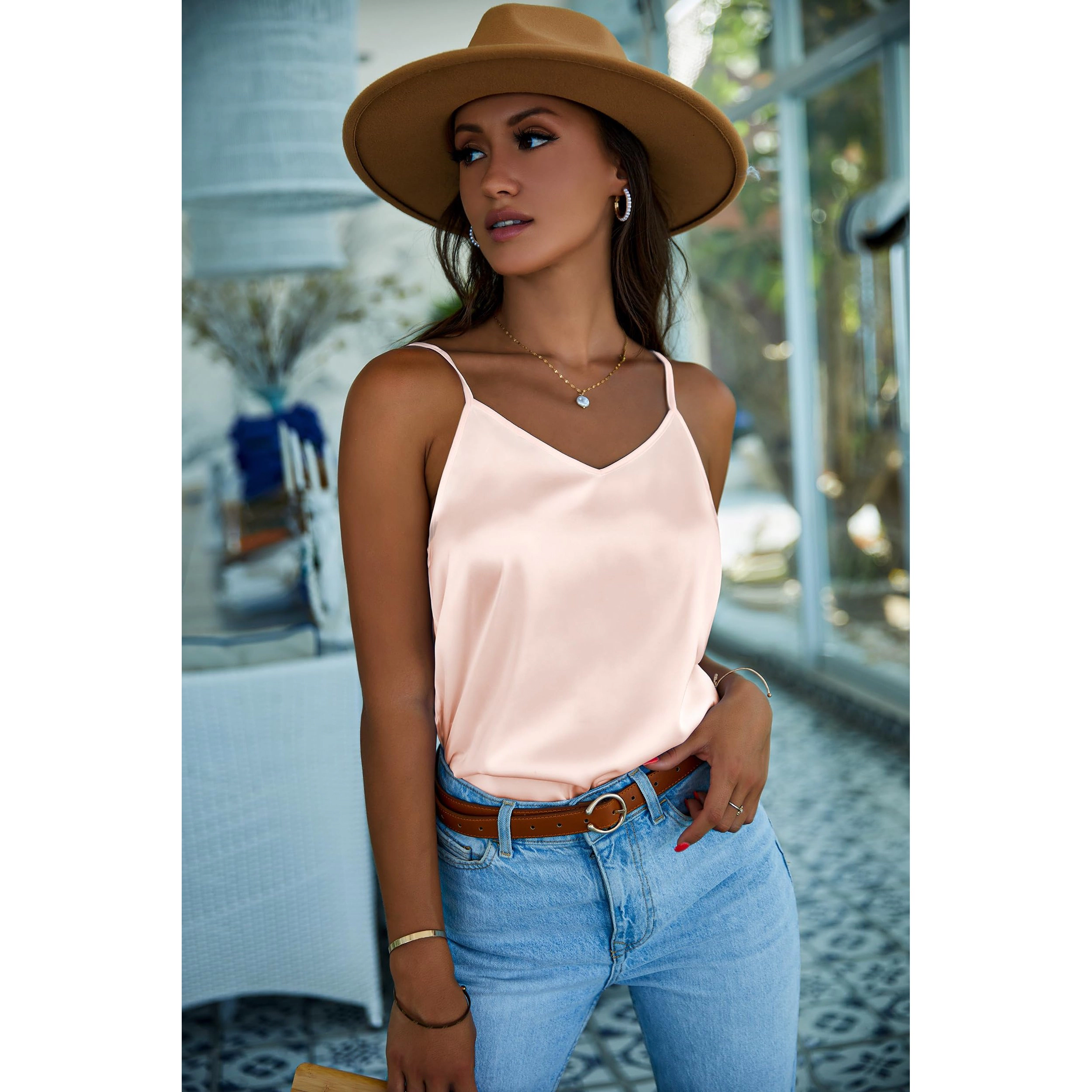 Ekouaer Women's V Neck Spaghetti Strap Satin Camisole Top
