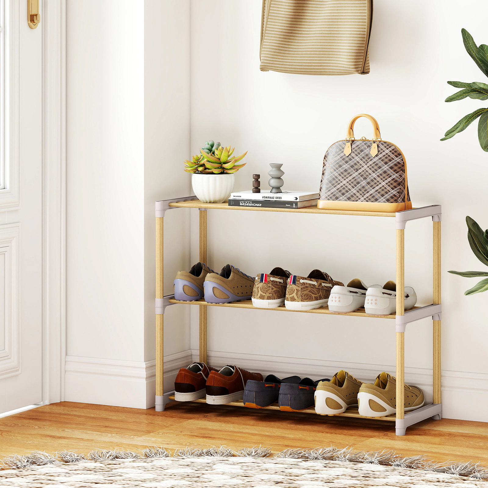 SUGIFT 3-Tier Natural Solid Wood Free Standing Slatted Shoe Rack Organizer for Entryway and Closet