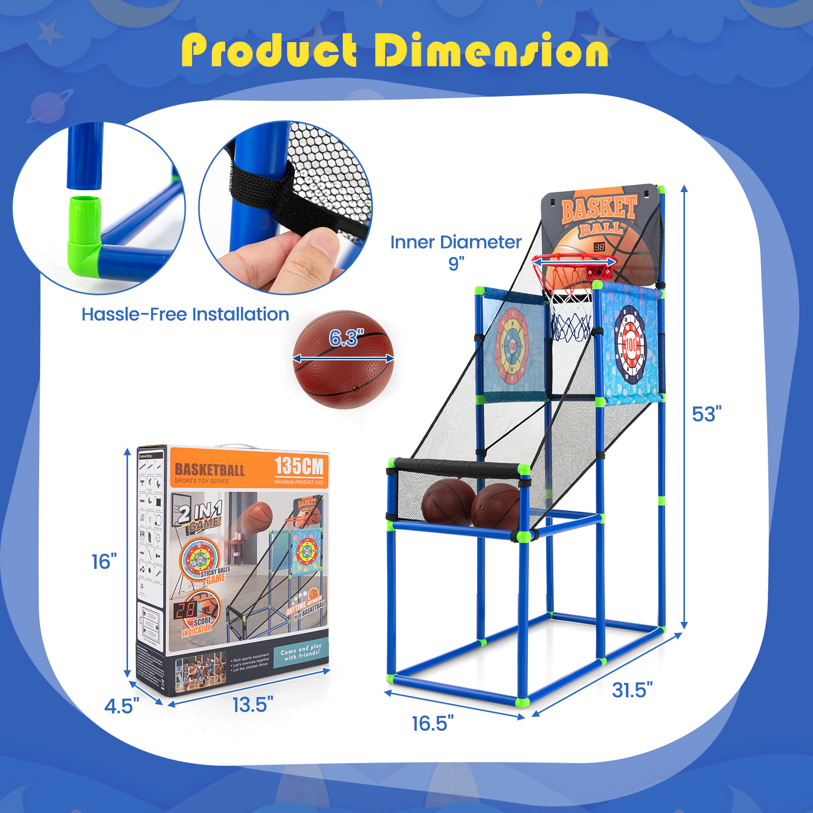 SUGIFT Kids 2-in-1 Basketball Arcade Game Cloth Targets Electronic Scoreboard 2 Basketballs 53-in Tall Ages 3+ Blue