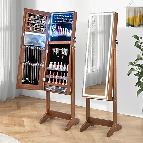 SUGIFT 59.5-in Walnut Lockable Standing Jewelry Armoire with Lighted Full-Length Mirror 16-in W 15-in D