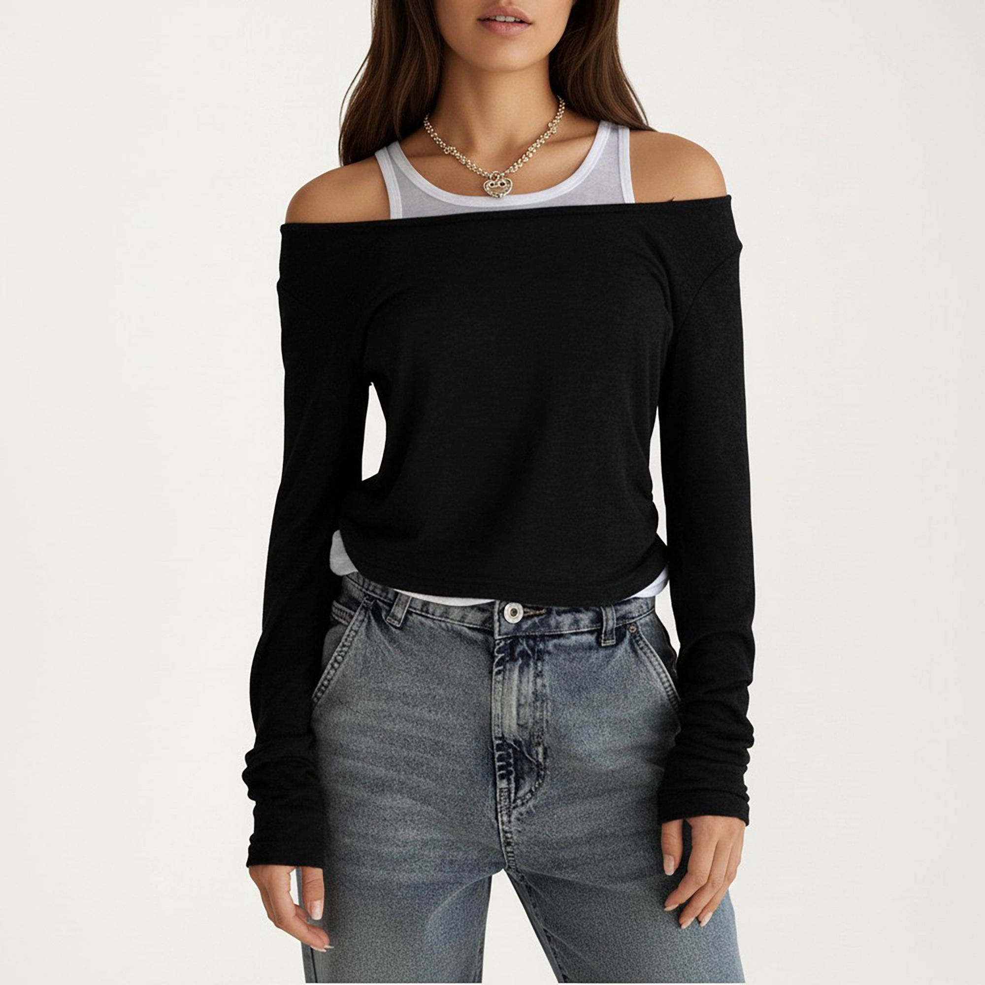 Anna-Kaci Women's Off Shoulder Long Sleeve Layered Knit Top with Relaxed Fit
