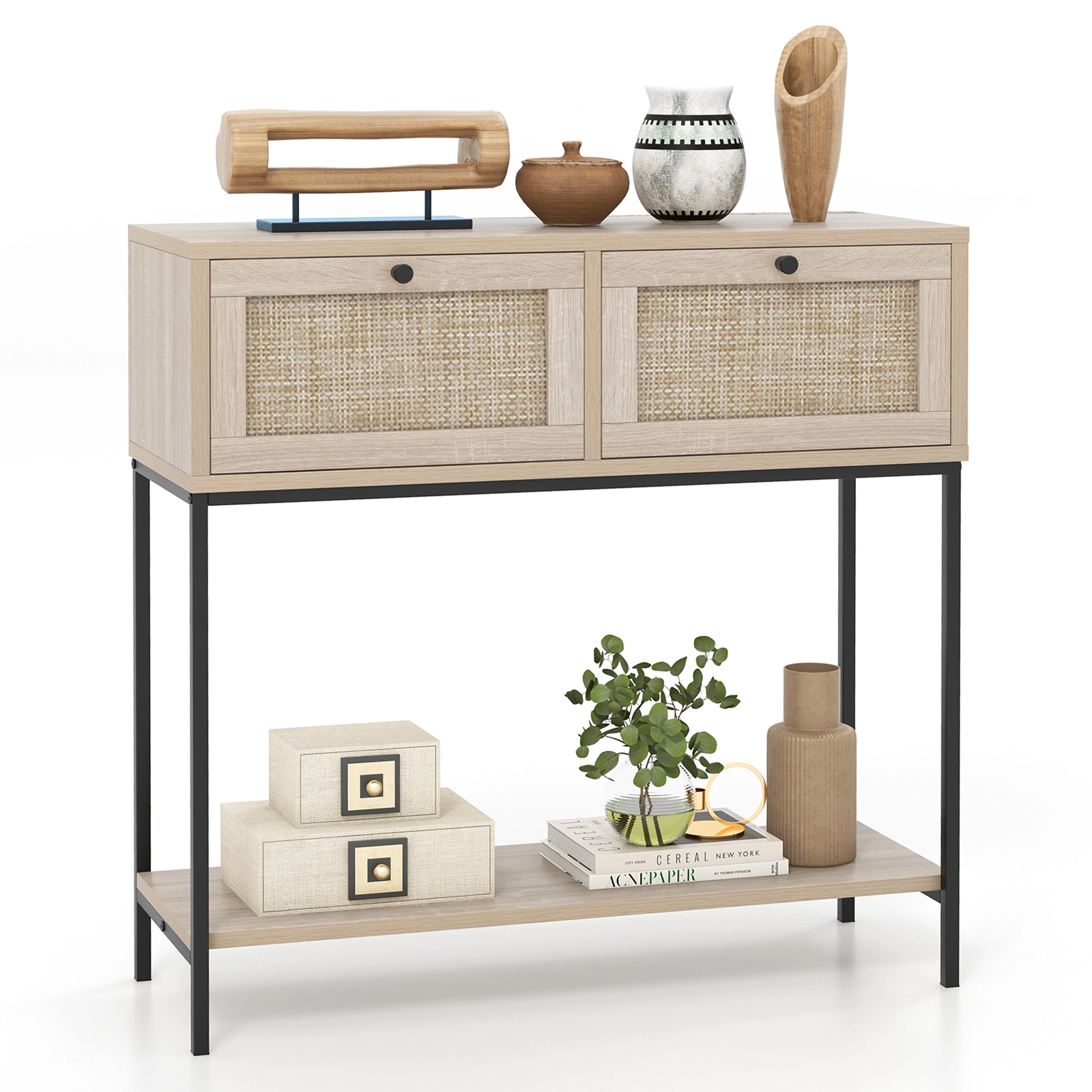 SUGIFT 31.5-in 132-lb Capacity Oak Boho Rattan Console Entryway Table with 2 Drawers and Open Storage Shelf