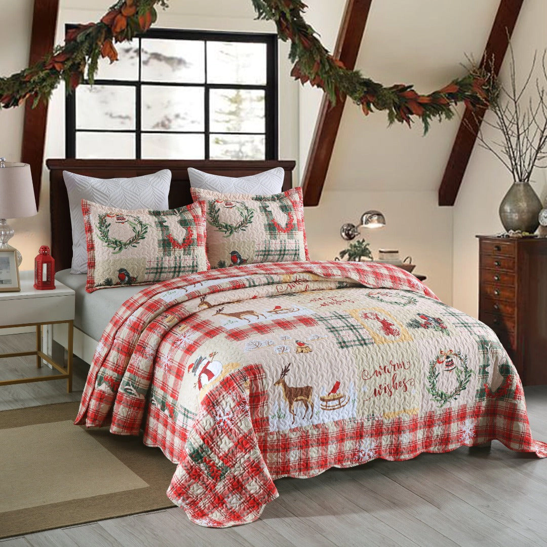 MarCielo 3 Piece Christmas Quilt Set Lightweight Holiday Plaid Patchwork Bedspread Set