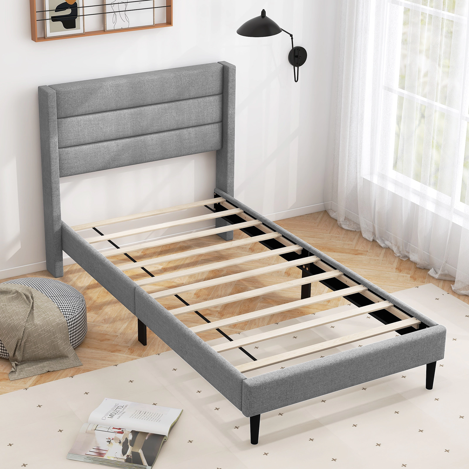 LJG Linen Upholstered Platform Twin/Queen Bed Frame with Wingback Headboard