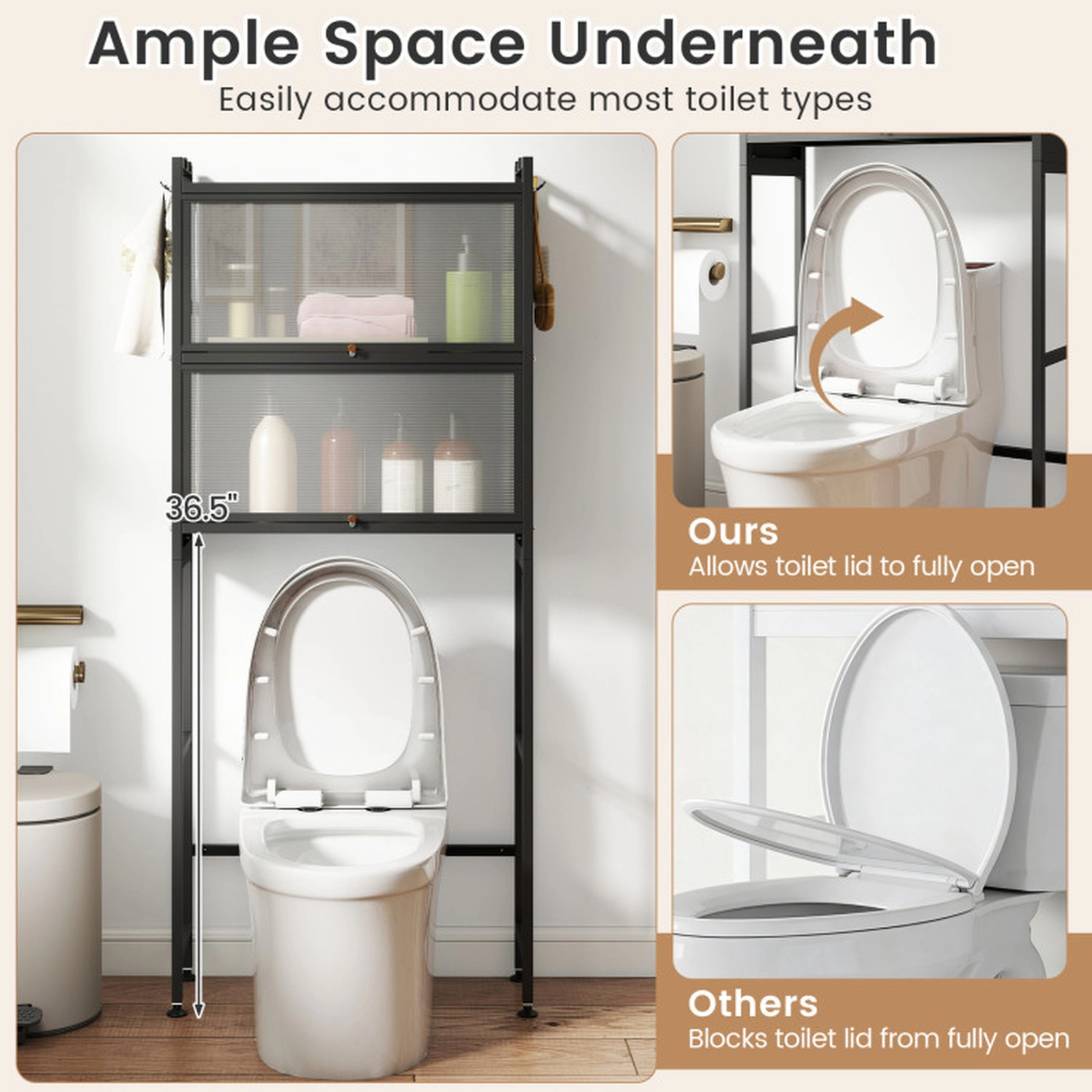 SUGIFT Over-the-Toilet Carbon Steel Bathroom Organizer with 2 Flip-Up Cabinets 33-lb Capacity Black