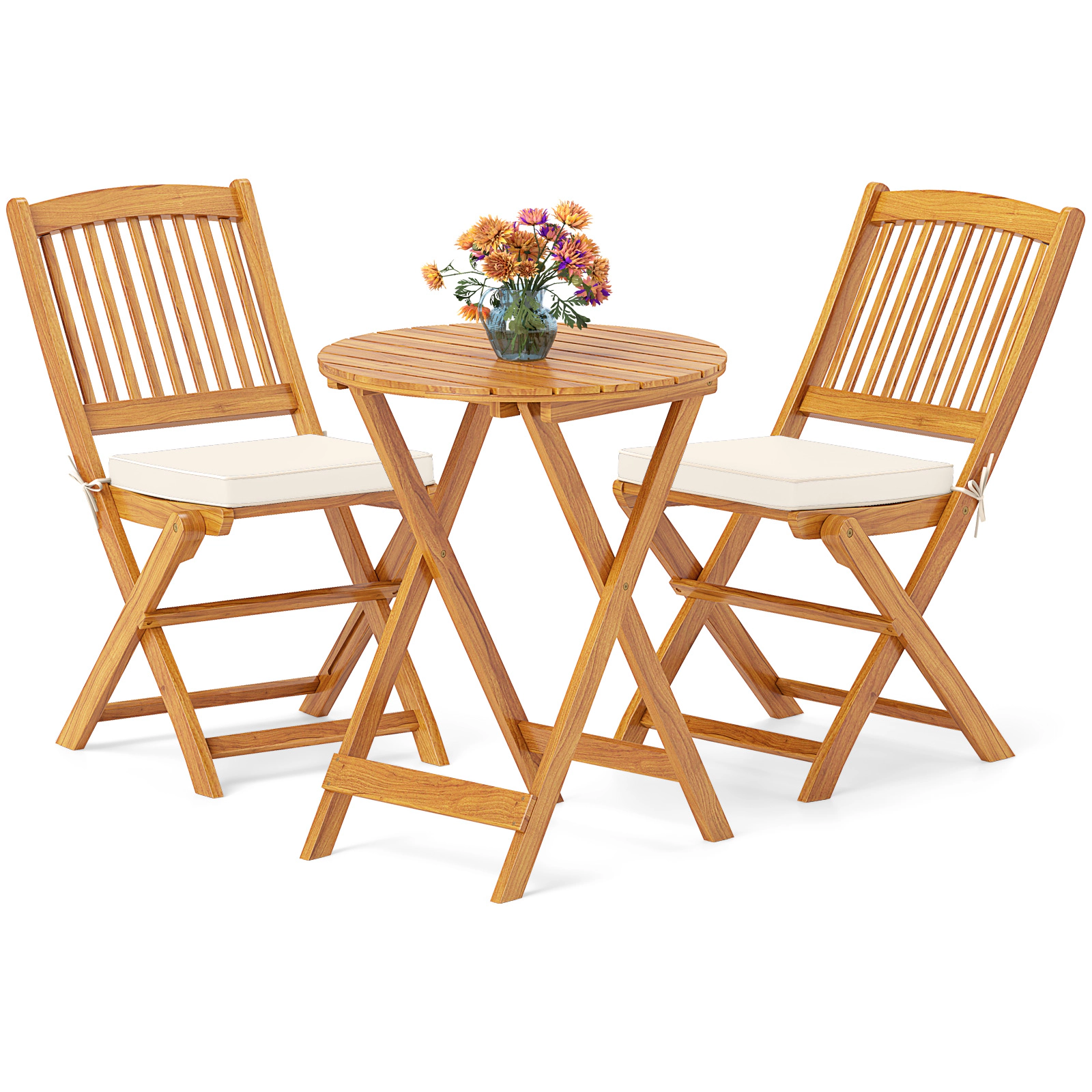 LJG 3 Pieces Acacia Wood Patio Folding Bistro Set with Soft Cushions