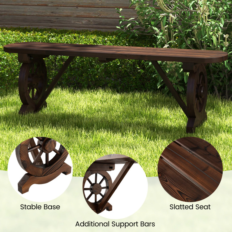 Hivvago Patio Rustic Wood Bench With Wagon Wheel Base
