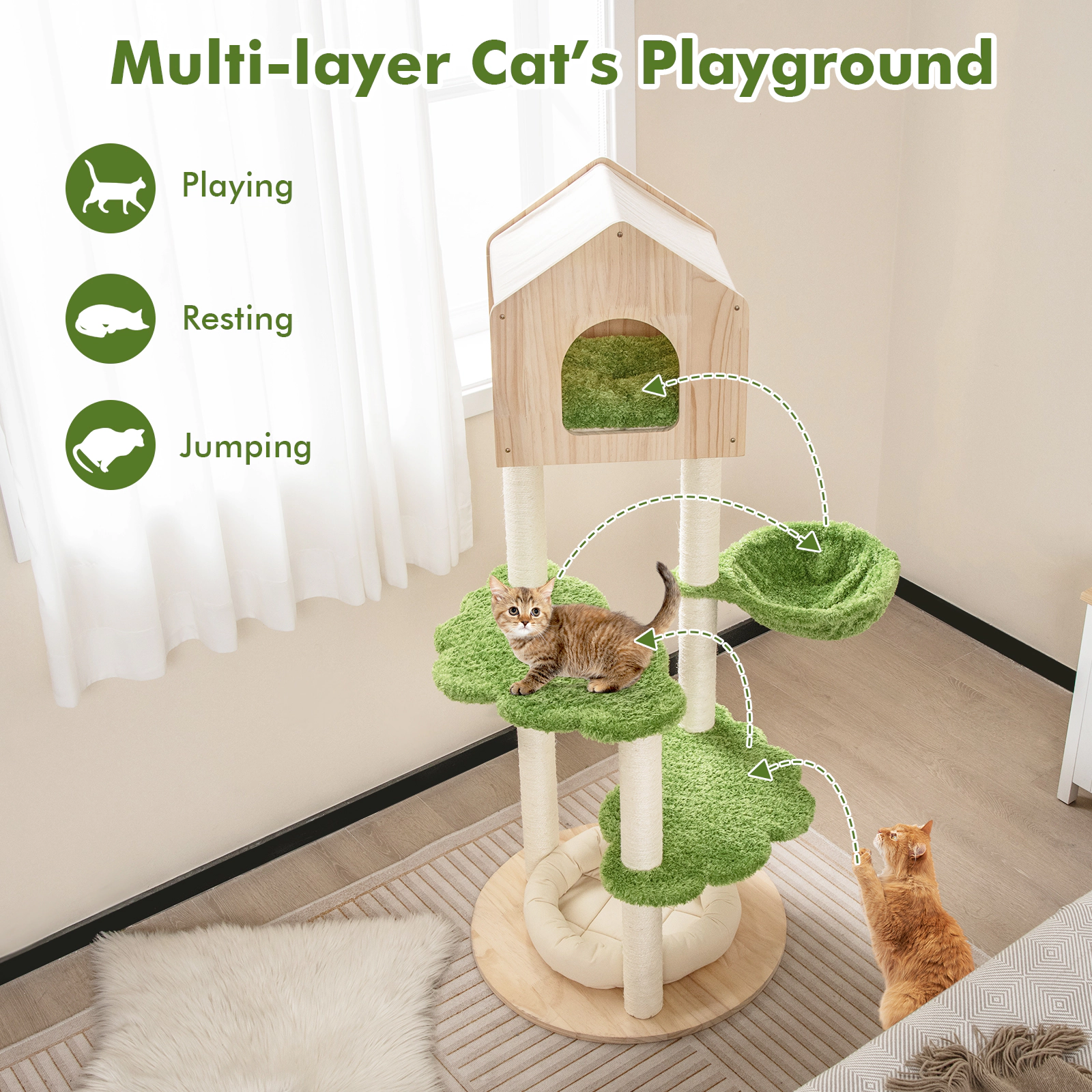 SUGIFT 55-in Tall Cat Tree with Hammock Pine Wood Condo Basket Bed and Sisal Posts for Indoor Cats