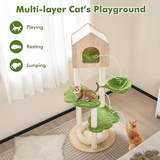 SUGIFT 55-in Tall Cat Tree with Hammock Pine Wood Condo Basket Bed and Sisal Posts for Indoor Cats