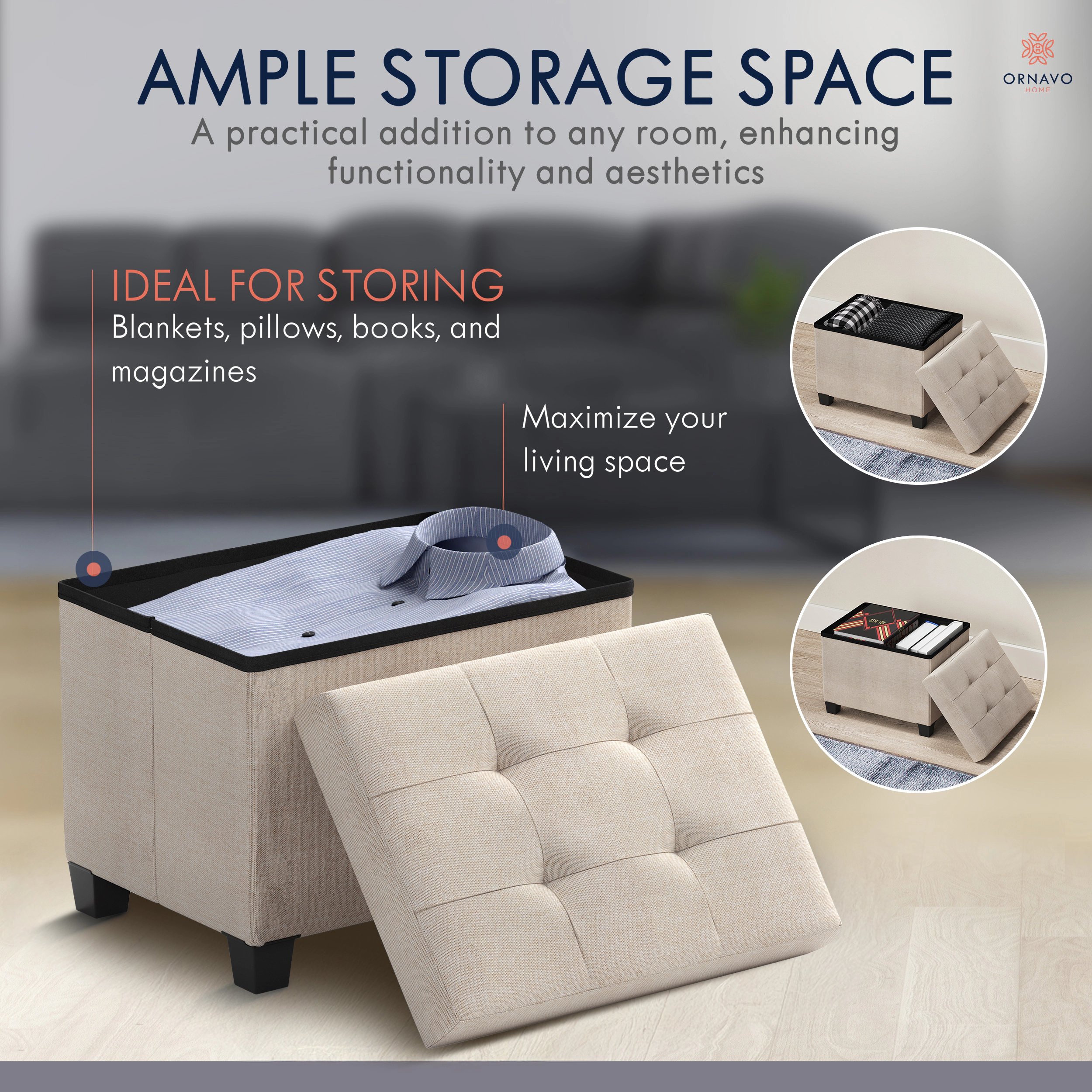 Ornavo Home Small Rectangle Storage Ottoman Foot Stool with Legs - 16" x 12"