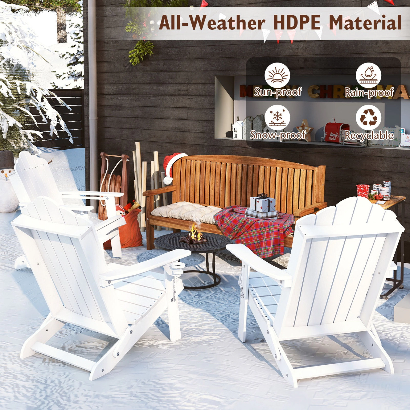 SUGIFT 400-lb Capacity Weather Resistant HDPE Folding Adirondack Chair with High Backrest and Cup Holder