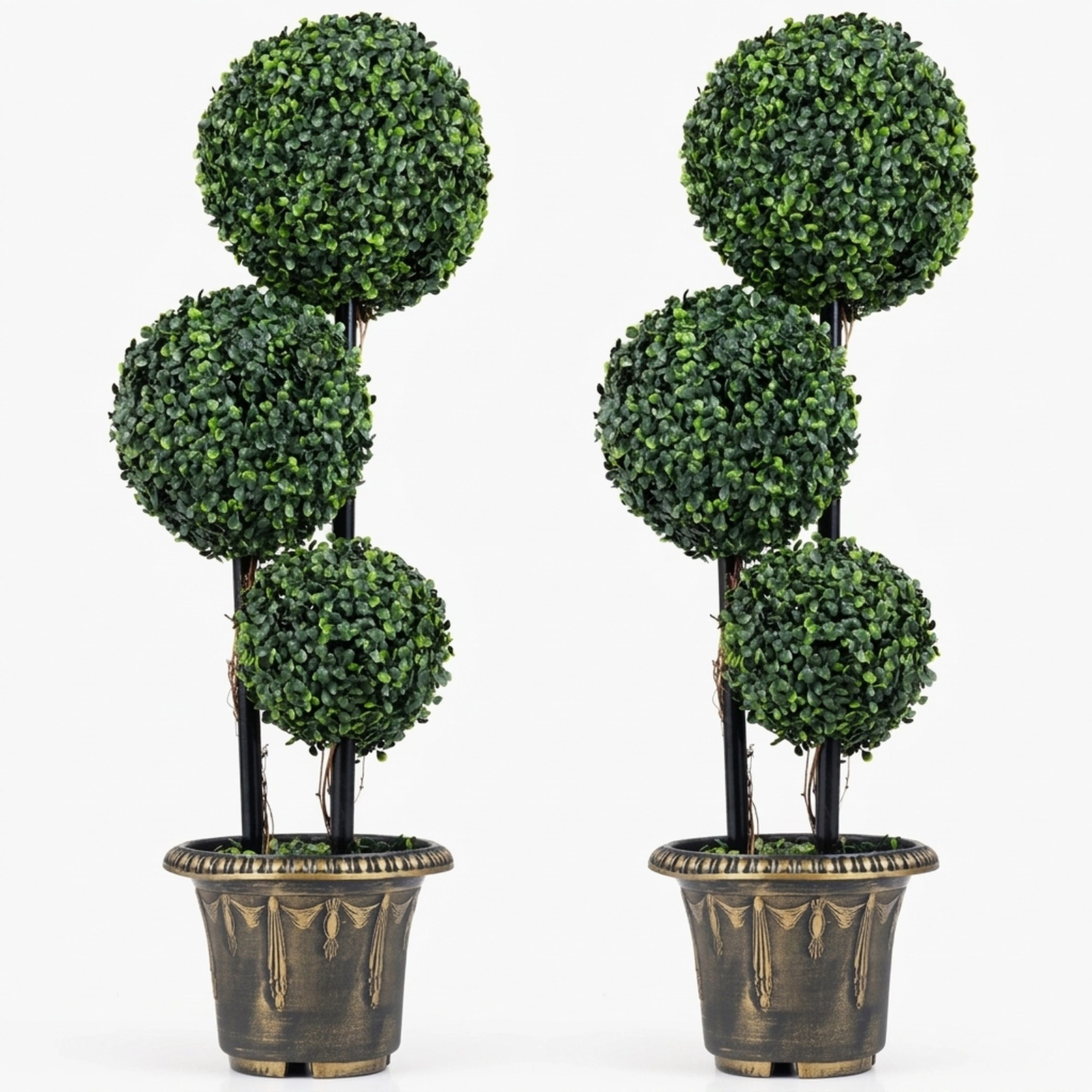 SUGIFT Set of 2 29-in and 35-in Artificial Boxwood Triple Ball Topiary Trees with Black-Golden Planters
