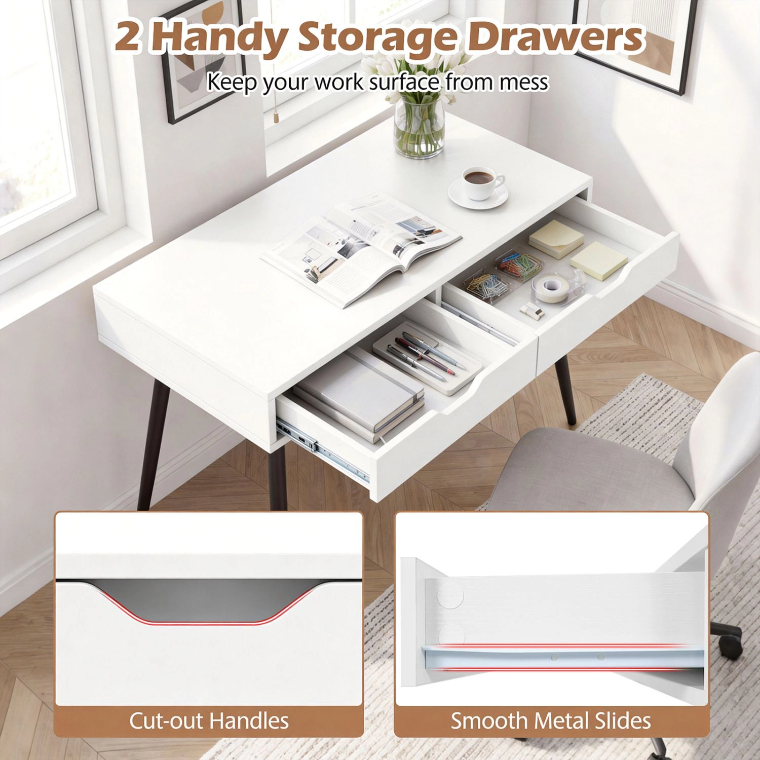 SlickBlue Small Computer Desk with 2 Drawers and Anti-Tip Kits