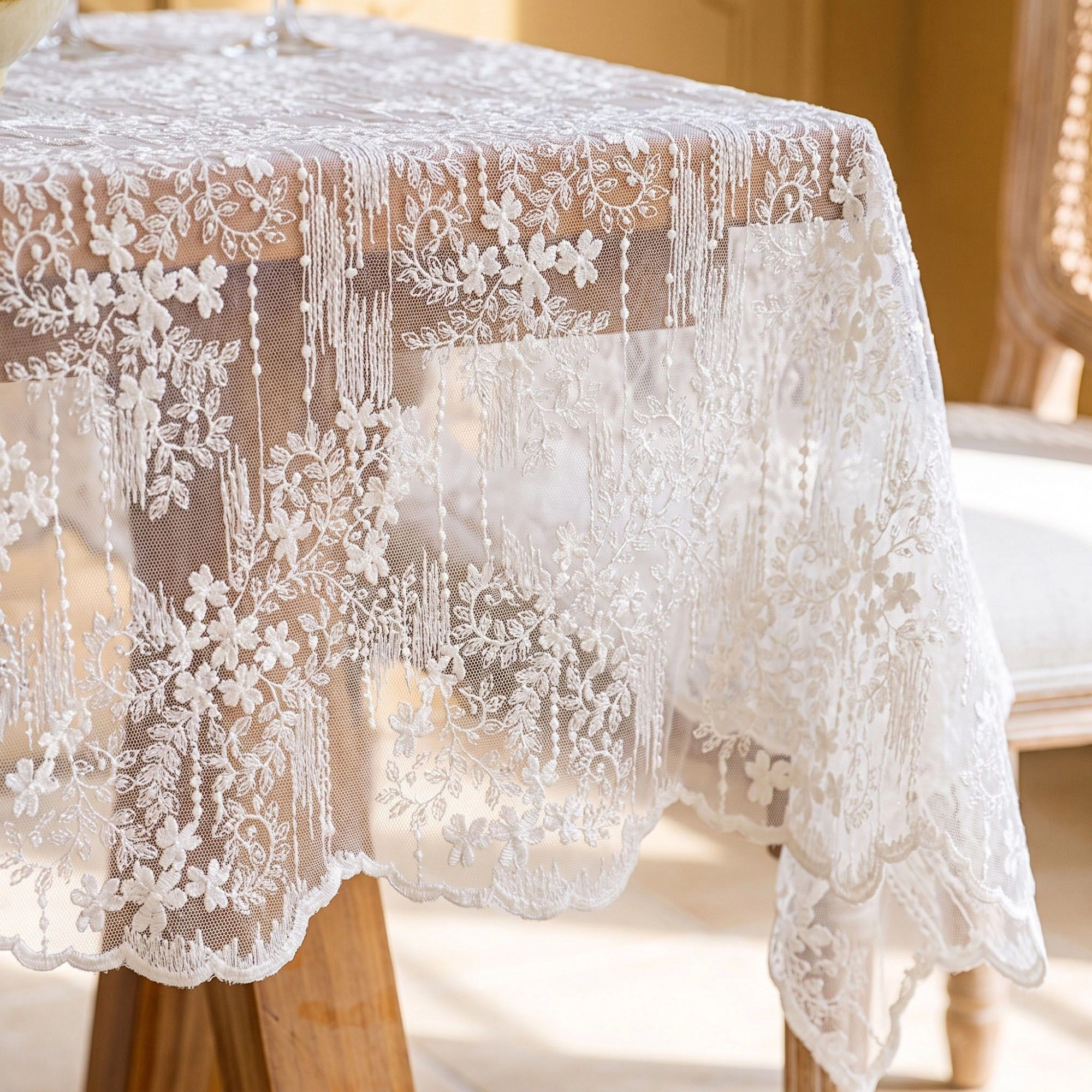 Alilang Unisex White Floral Embroidered Lace Square Tablecloth 51.2x51.2in