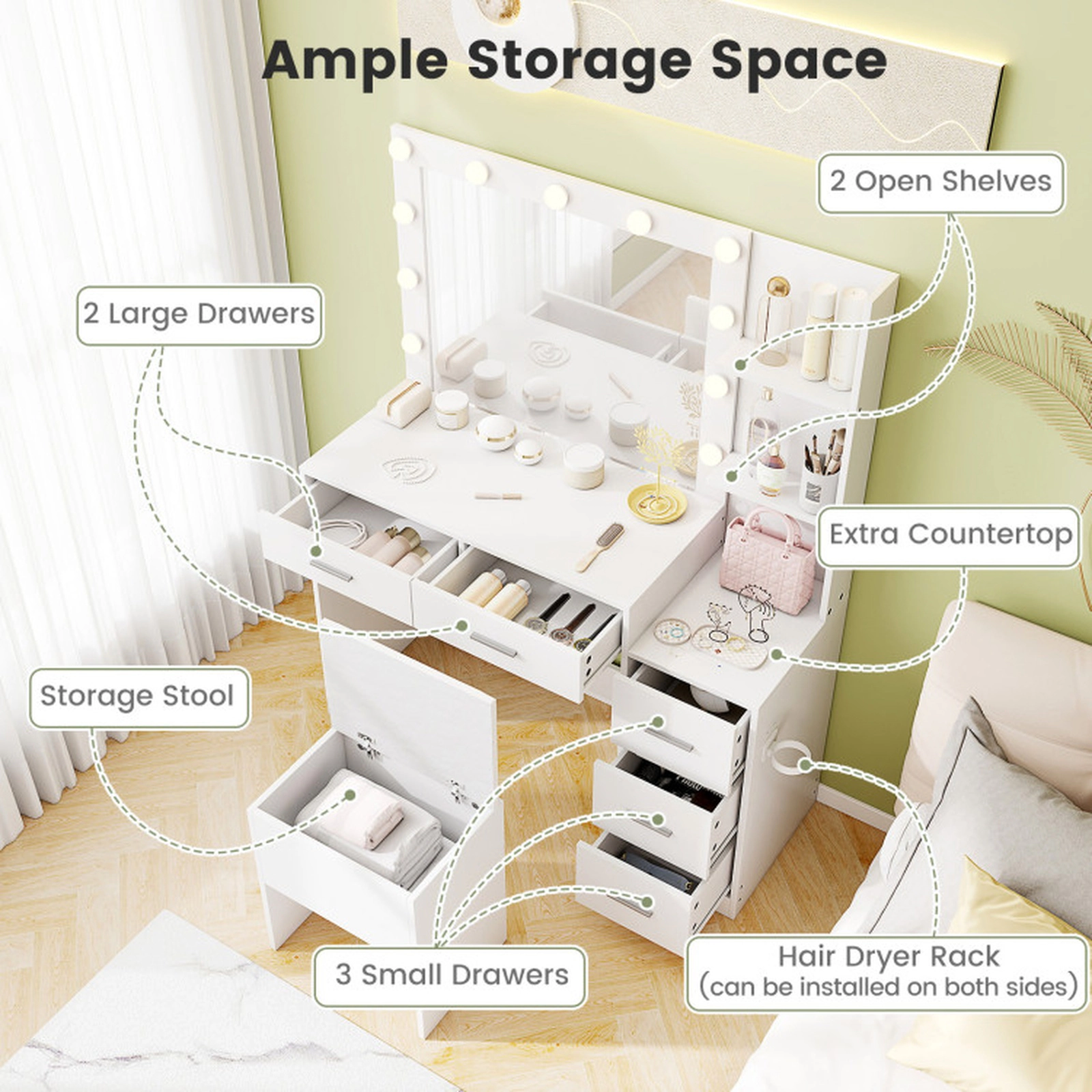 SUGIFT 2-Piece White Makeup Vanity Desk Set with Lighted Mirror, Charging Station, 5 Drawers