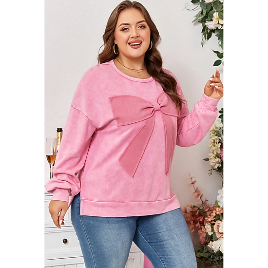 Threaded Pear Women's Bonbon Waffle Bowknot Patchwork Graphic Mineral Wash Plus Size Sweatshirt