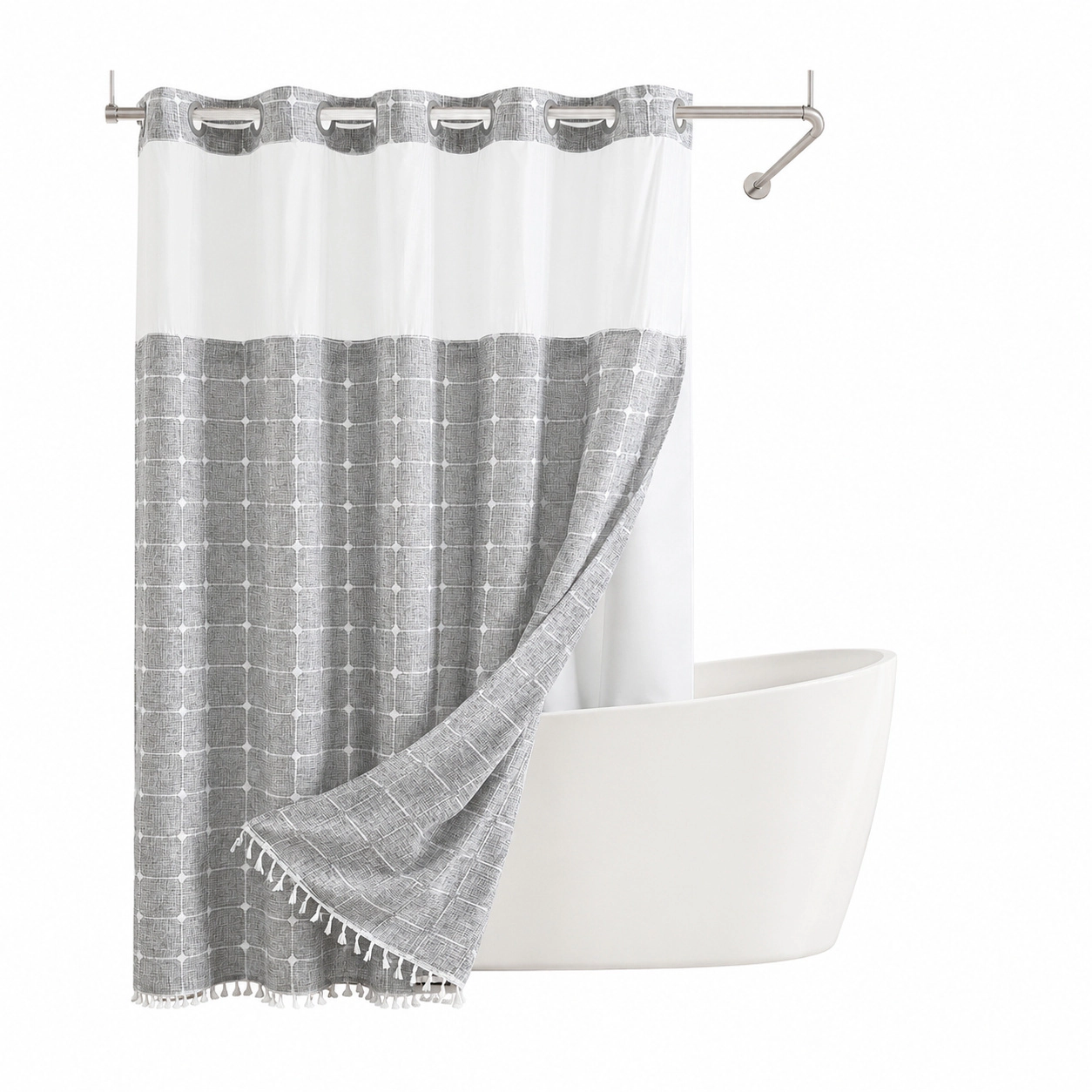 WZK Boho Farmhouse Tassel Snap In Liner No Hooks Quick Dry Washable Shower Curtain