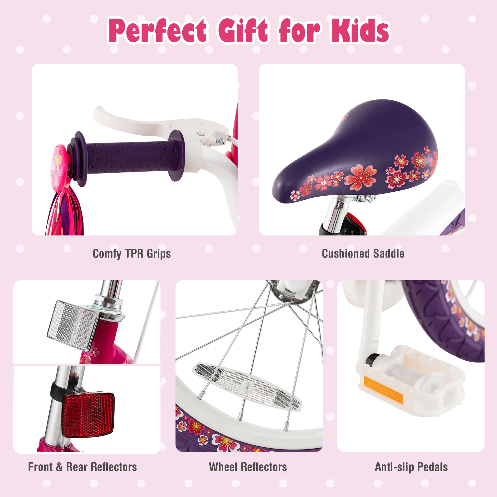 SUGIFT 14-in 80-lb Capacity Kids Bike with Detachable Doll Seat Reflectors and Removable Training Wheels