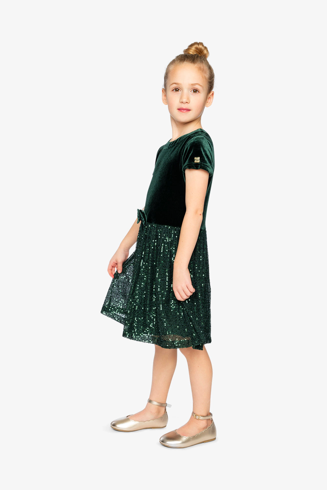 Deux par Girls Bi-Material Short Sleeve Dress with Glittering Skirt