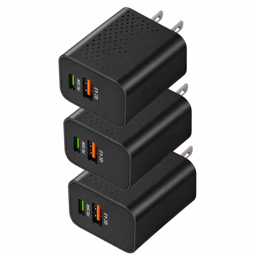 Qixxronics USB-C USB-A Port Super Fast Charger Block 35W for iPhone, Apple Watch, iPad, Samsung Galaxy, Google & More [3-Pack]