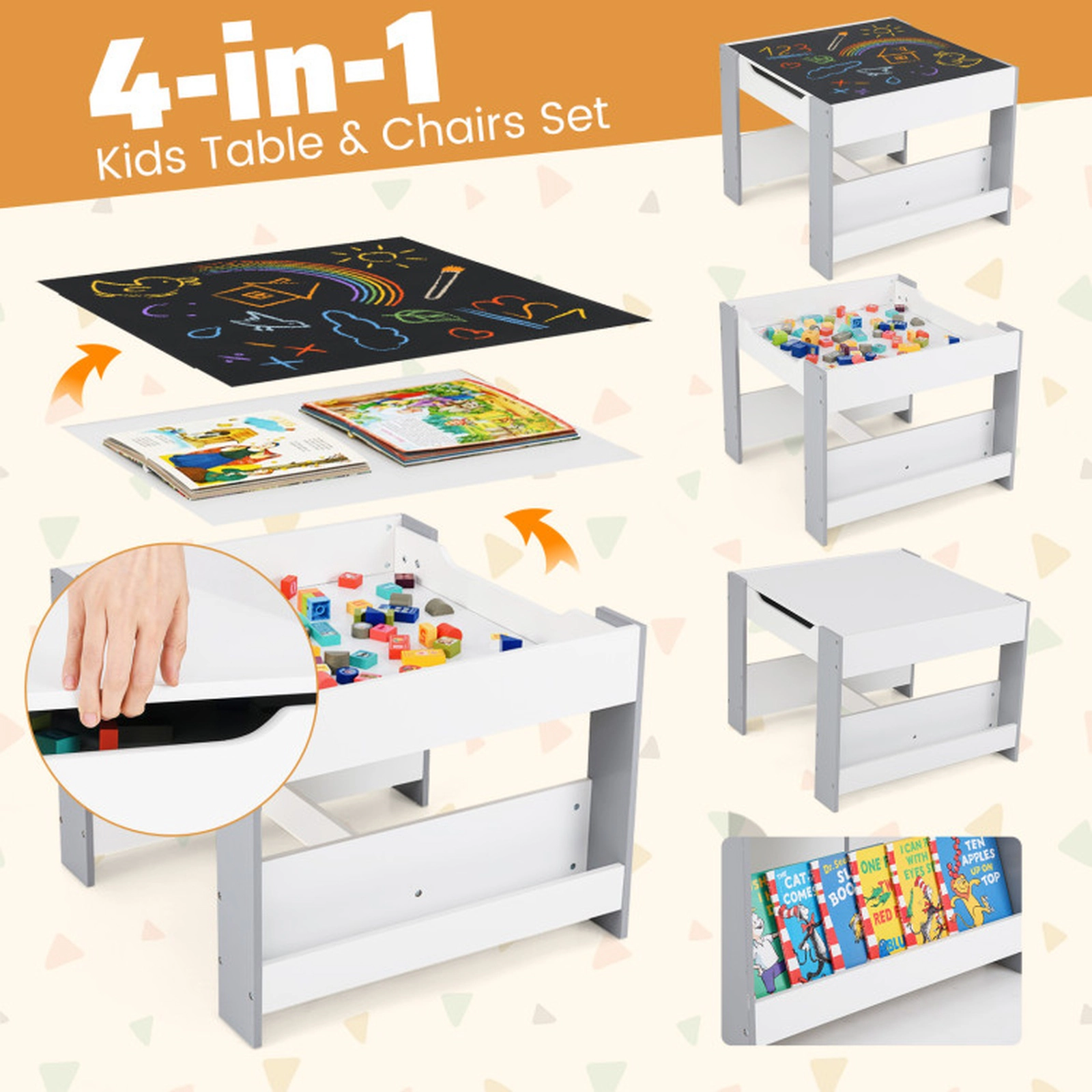 SUGIFT 4-in-1 Kids Toddler Table and 2-Chair Set with Reversible Tabletop 24-in Square Desk Ages 3+ White and Gray