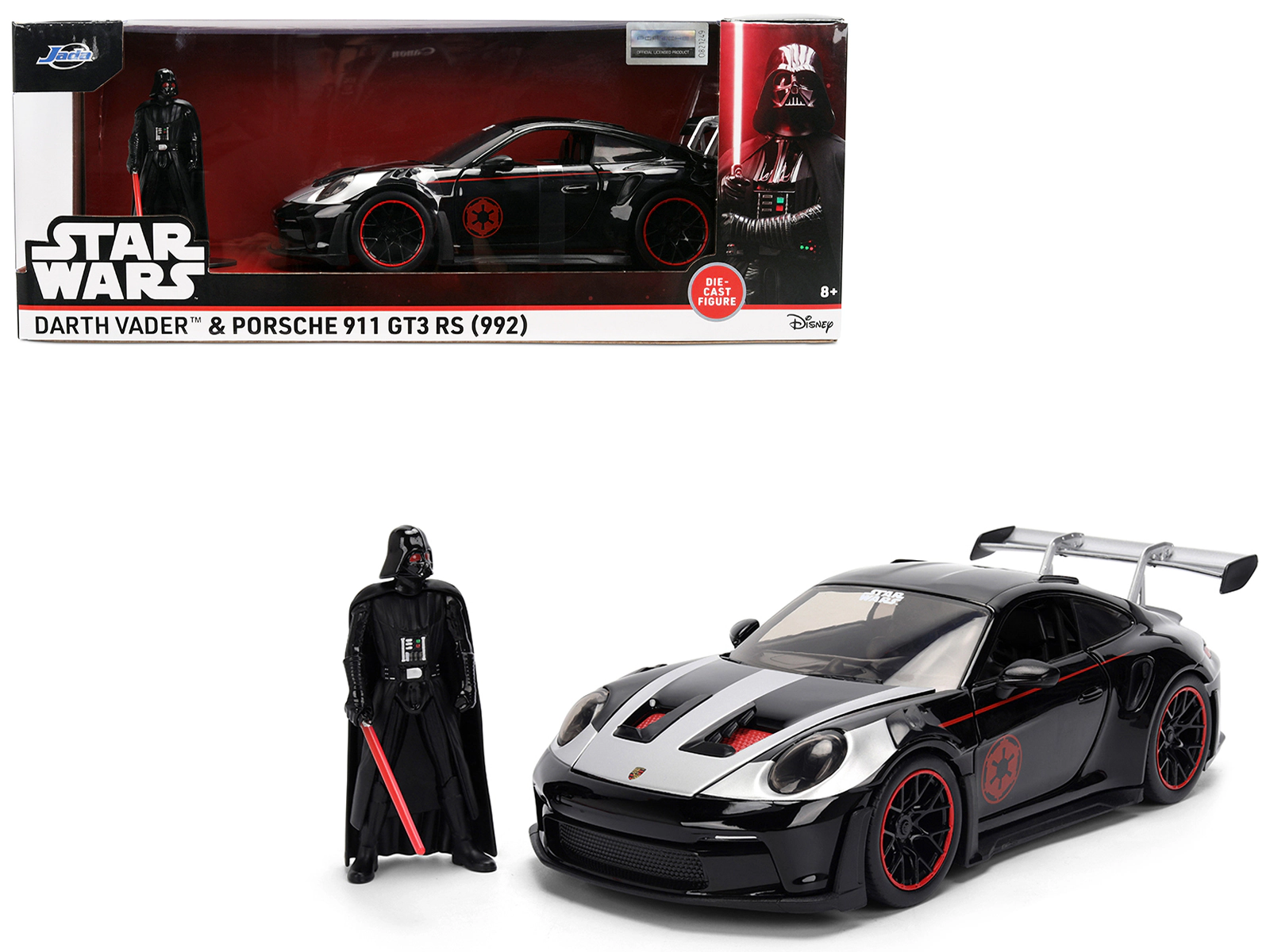 Jada Porsche 911 GT3 RS (992) Black with Silver Hood and Graphics and Darth Vader Figure "Star Wars" Franchise