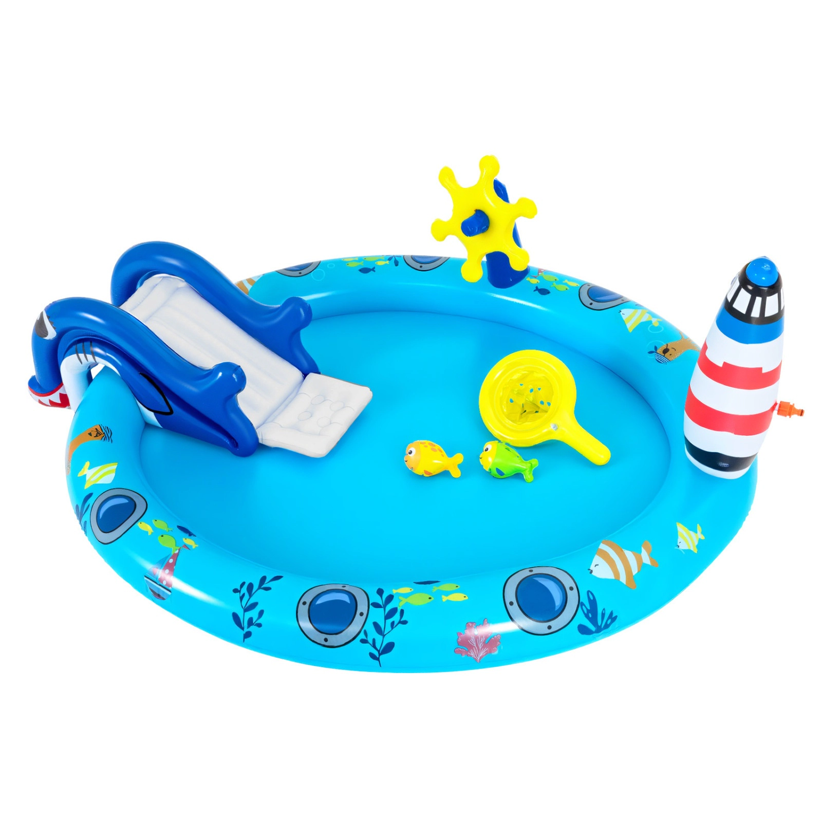 SUGIFT Shark Slide Lighthouse Sprinkler and Fishing Game Kids Inflatable Marine Spray Pool Play Center