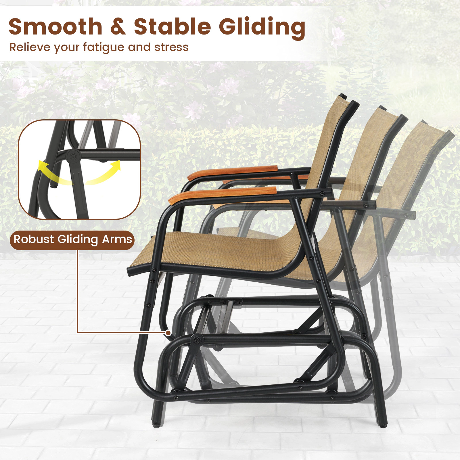 LJG Patio Glider Chair Set of 2 with Curved Teak Armrests and Breathable Fabric Seat